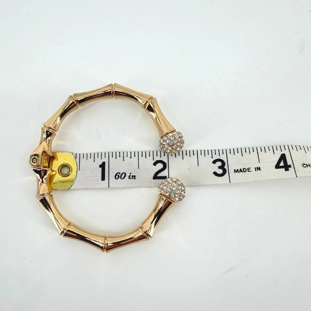 Gold Bamboo Hinged Cuff Bracelet Rhinestone Orb Bypass Bangle Statement‎ Jewelry